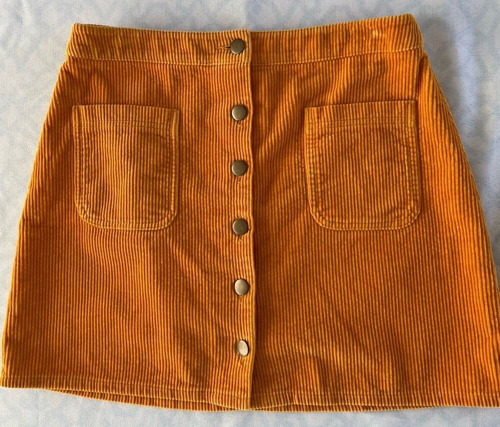 Twik Corduroy Womens Mini Skirt Medium Yellow Orange 100% Cotton Pockets Y2K